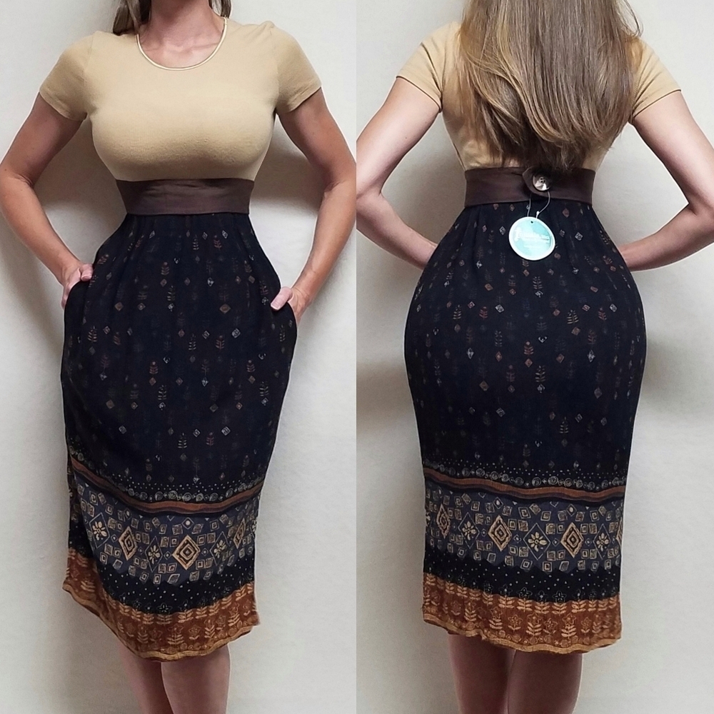 Vintage 90s Norton Studio Ribbed Mixed Media Aztec Print Belted Babydoll Dress S
